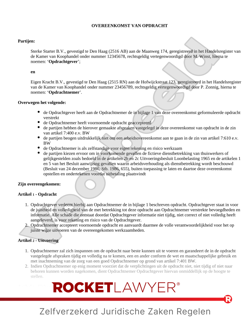 Overeenkomst van Opdracht voorbeeld document