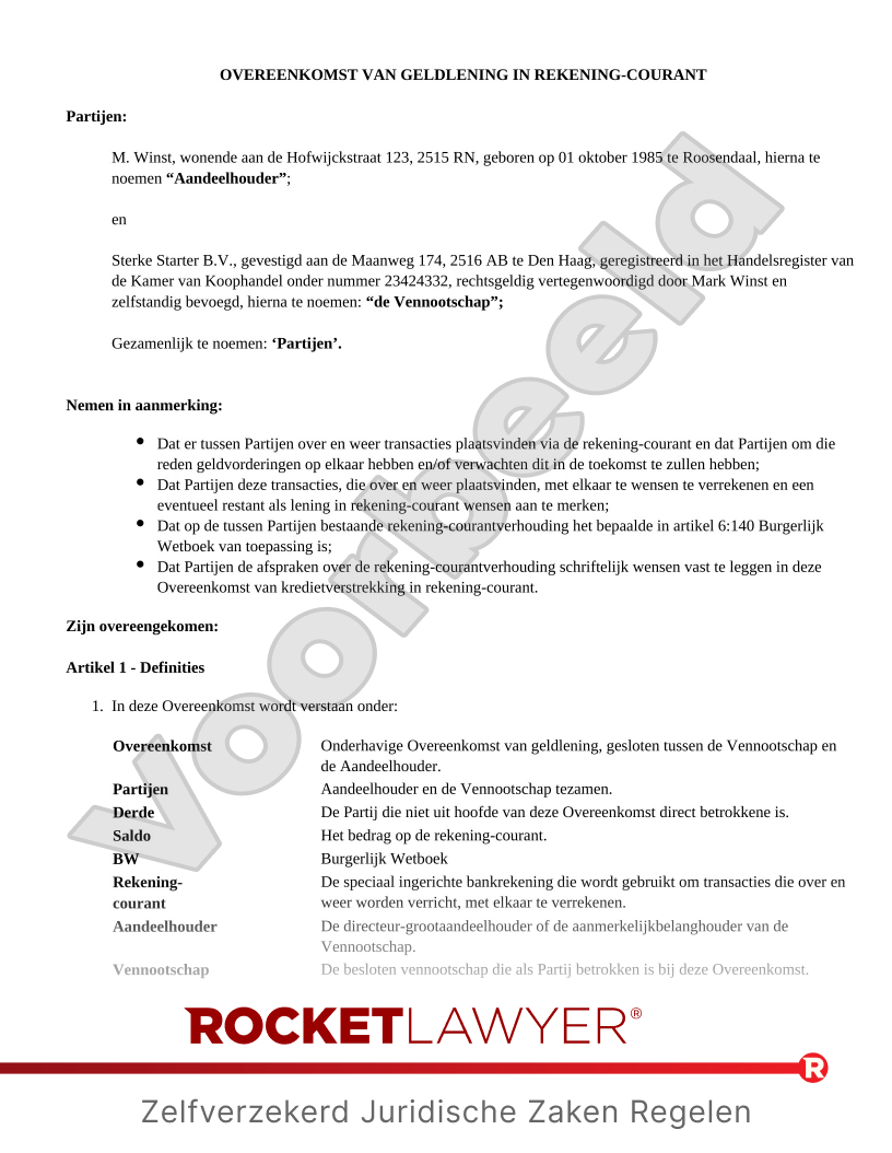 Rekening Courant Overeenkomst voorbeeld document