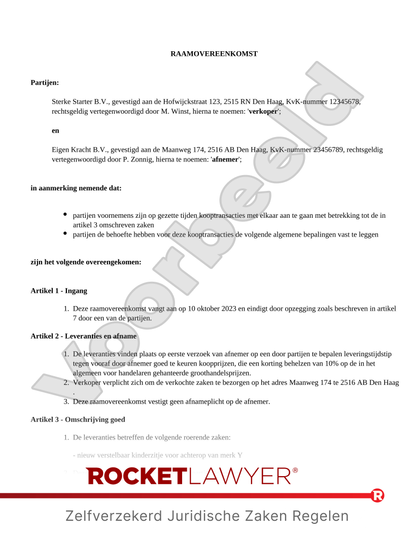 Raamovereenkomst voorbeeld document