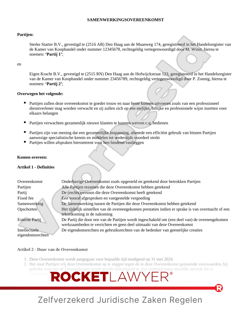 Samenwerkingsovereenkomst voorbeeld document