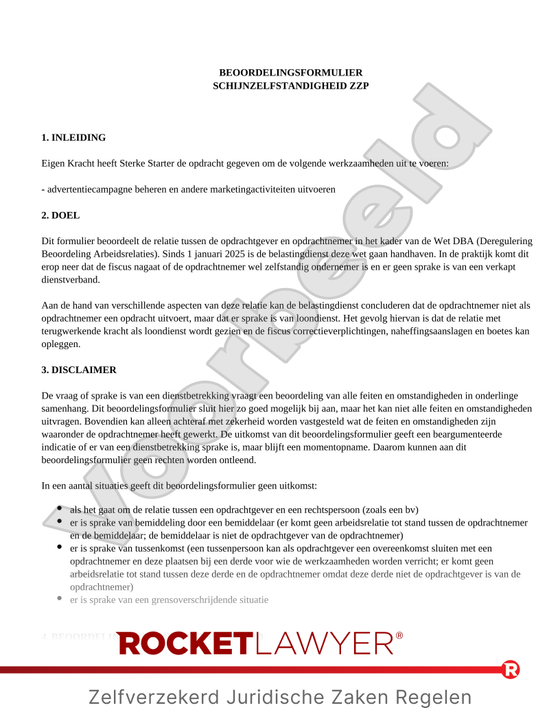Beoordeling schijnzelfstandigheid ZZP voorbeeld document