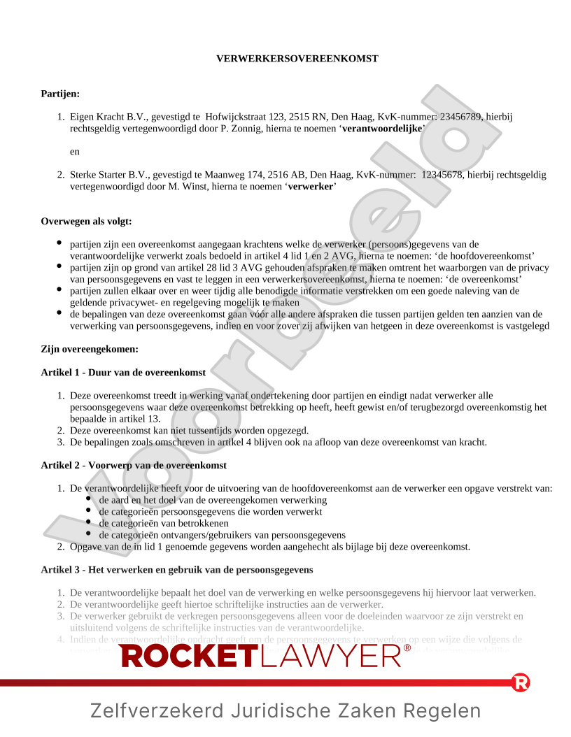 Verwerkersovereenkomst voorbeeld document