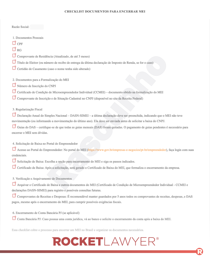 Checklist Documentos para encerramento MEI Visualização do documento