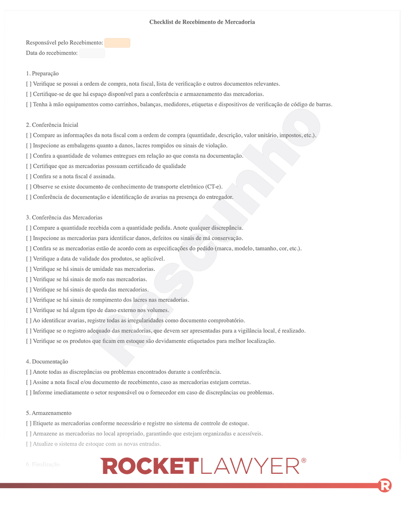 Checklist de Recebimento de Mercadorias Visualização do documento