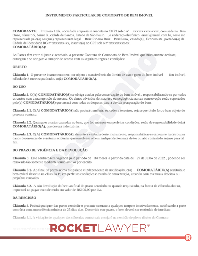 Modelo de Contrato de Comodato de Imóvel Visualização do documento