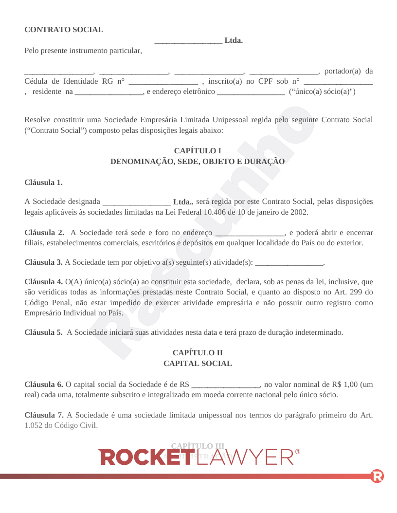 Modelo de Contrato Social para Sociedade Limitada Unipessoal (SLU) Visualização do documento