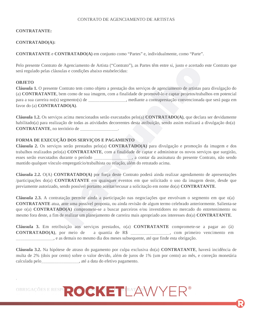 Modelo de Contrato de Agenciamento de Artistas Visualização do documento