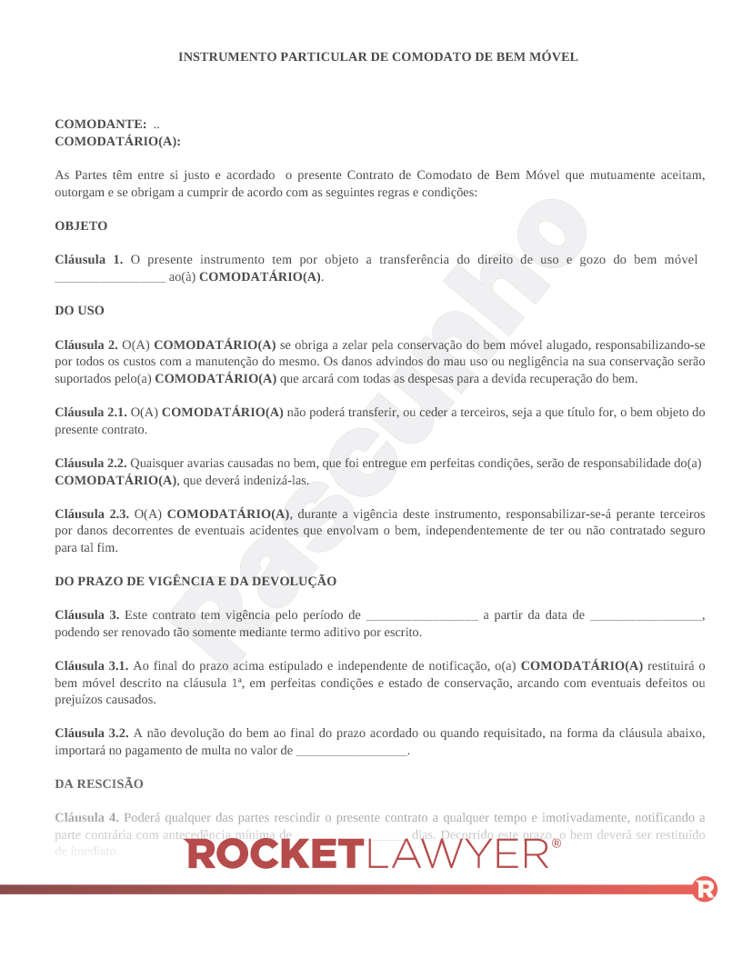 Modelo de Contrato de Comodato de Bem Móvel e Objeto Visualização do documento