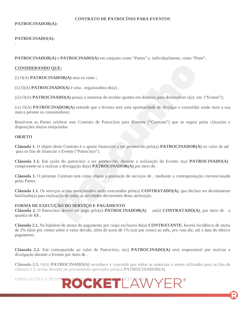 Contrato de Patrocínio para Eventos Visualização do documento