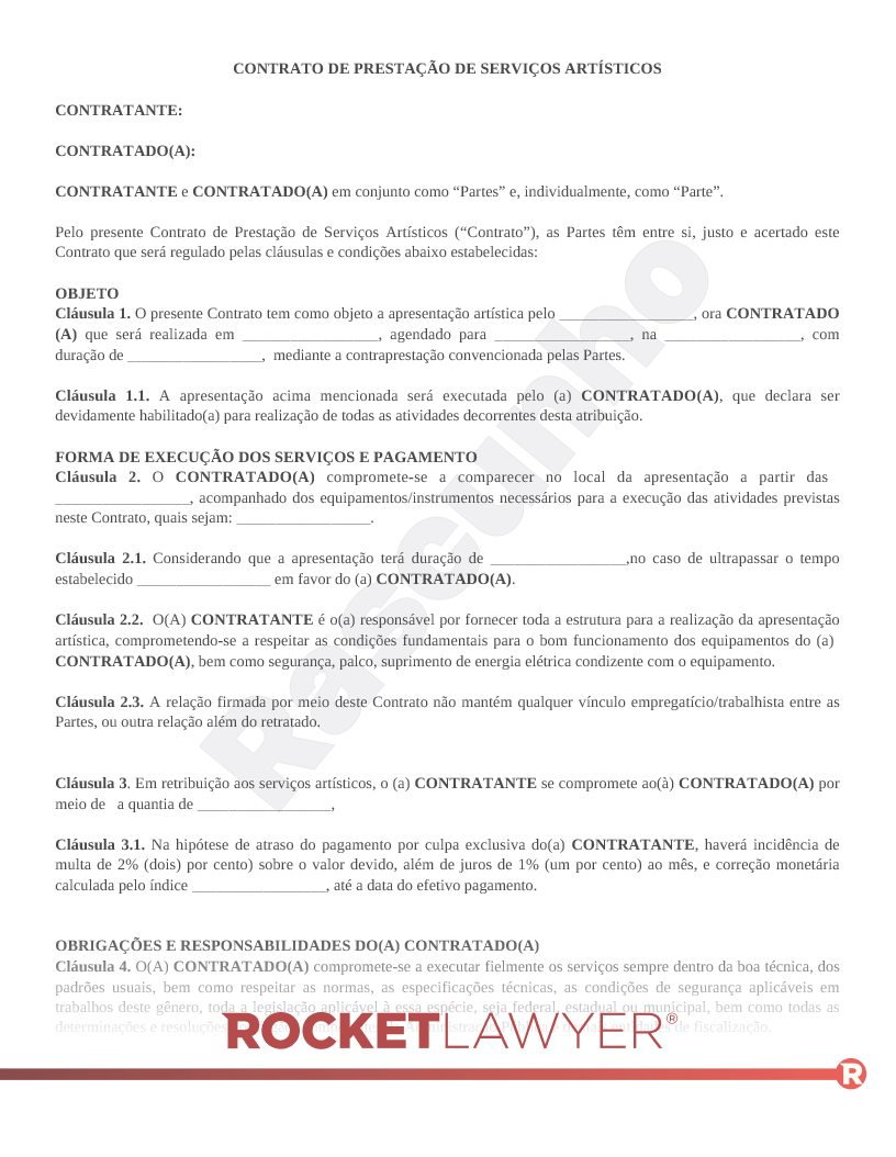 Modelo de Contrato de Prestação de Serviços Artísticos Visualização do documento
