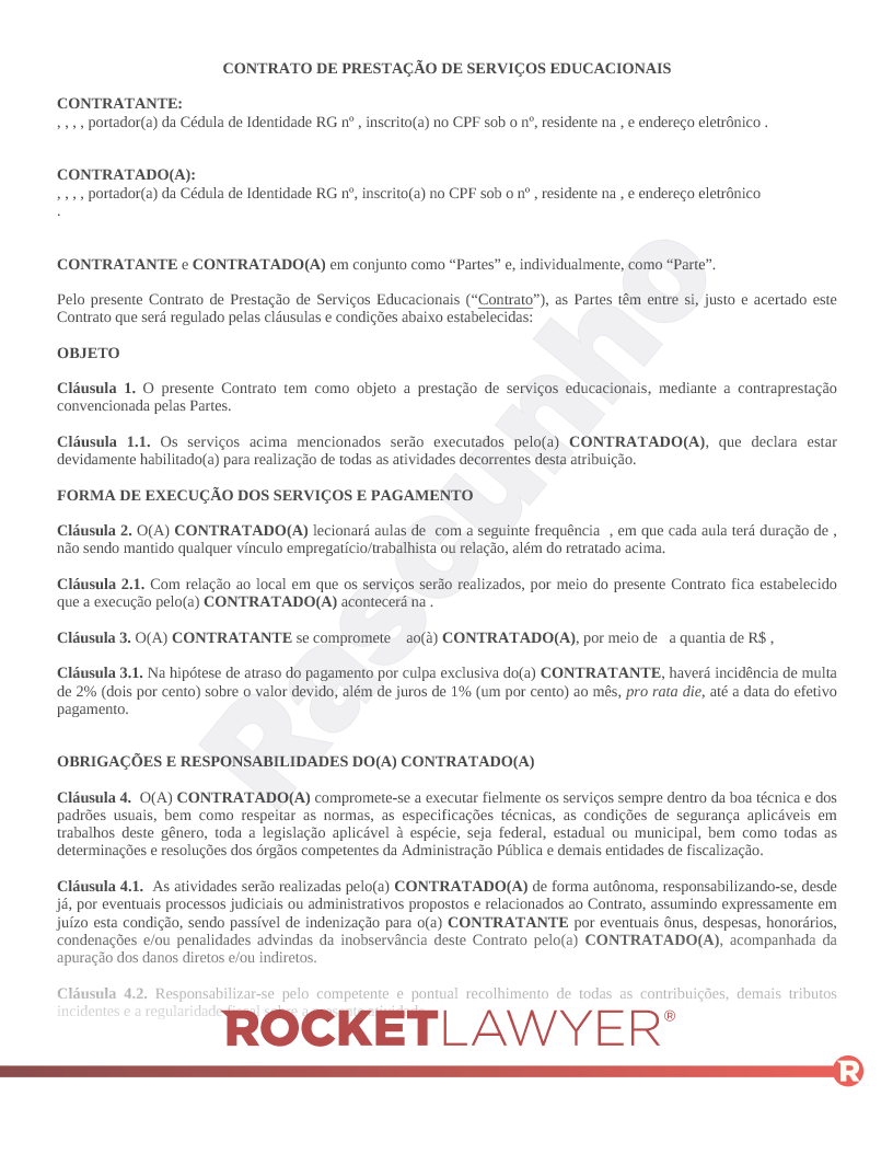 Modelo de Contrato de Prestação de Serviços Educacionais Visualização do documento