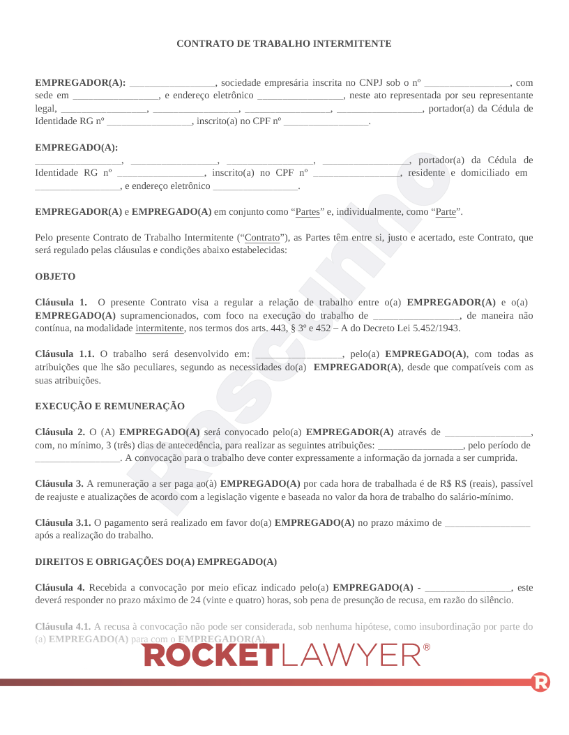 Modelo de Contrato de Trabalho Intermitente Visualização do documento