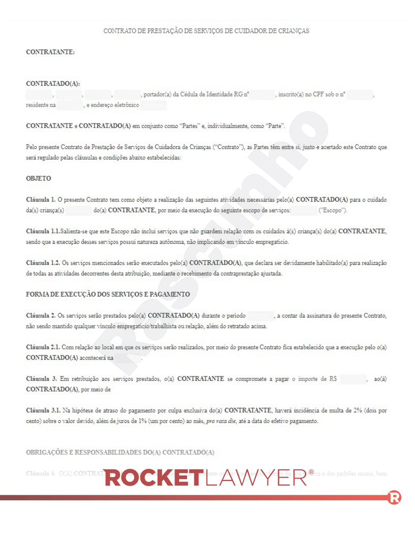 Modelo de Contrato de Prestação de Serviços de Cuidador de Crianças Visualização do documento