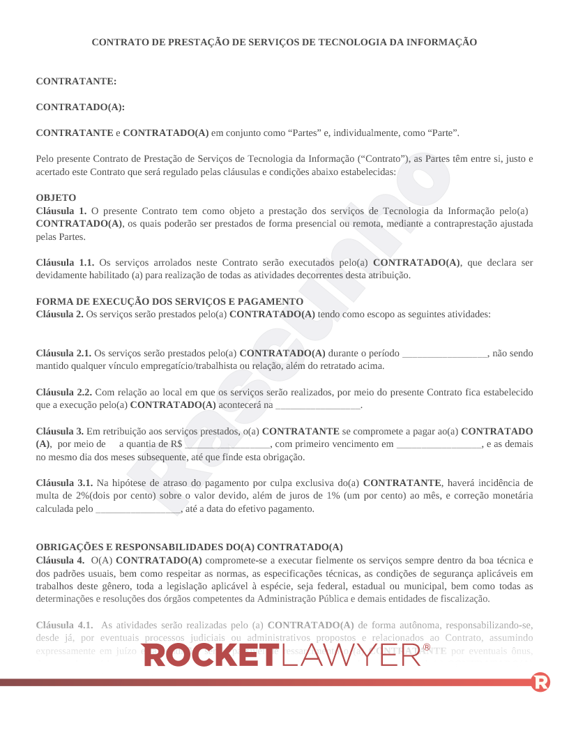 Modelo de Contrato de Prestação de Serviços de TI (Tecnologia da Informação) Visualização do documento