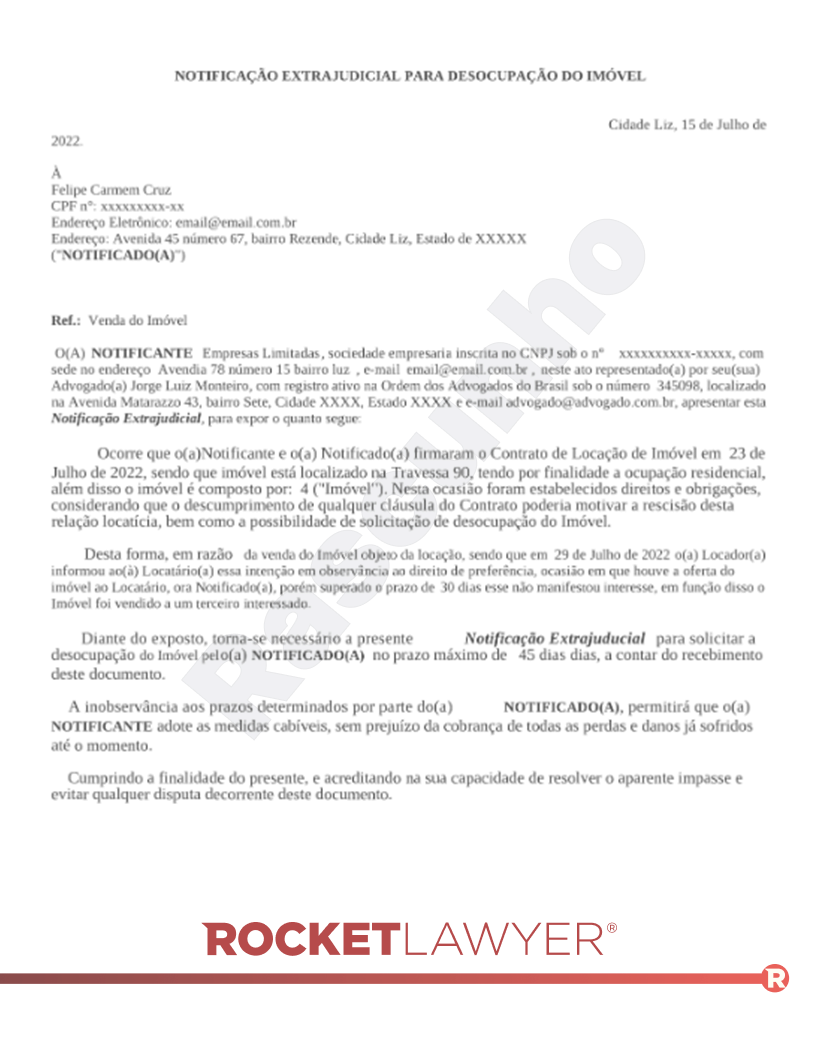 Modelo de Notificação Extrajudicial para Desocupação de Imóvel Visualização do documento
