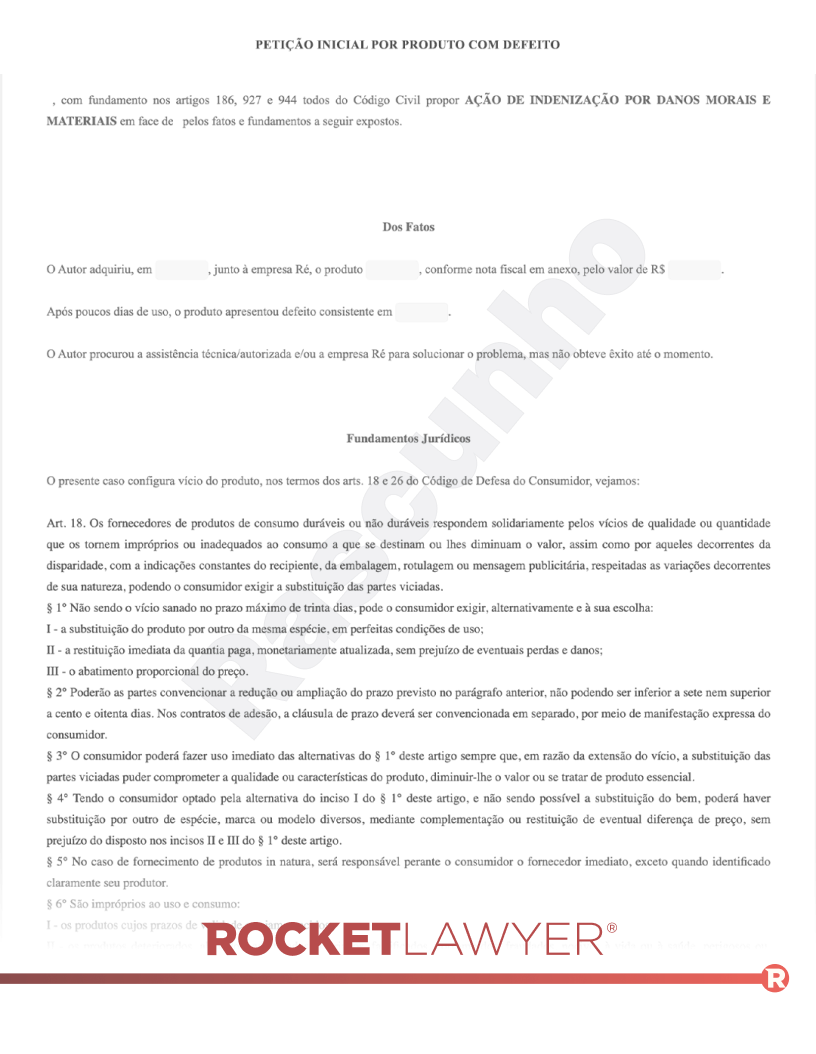 Modelo de Petição Inicial por Produto com Defeito Visualização do documento