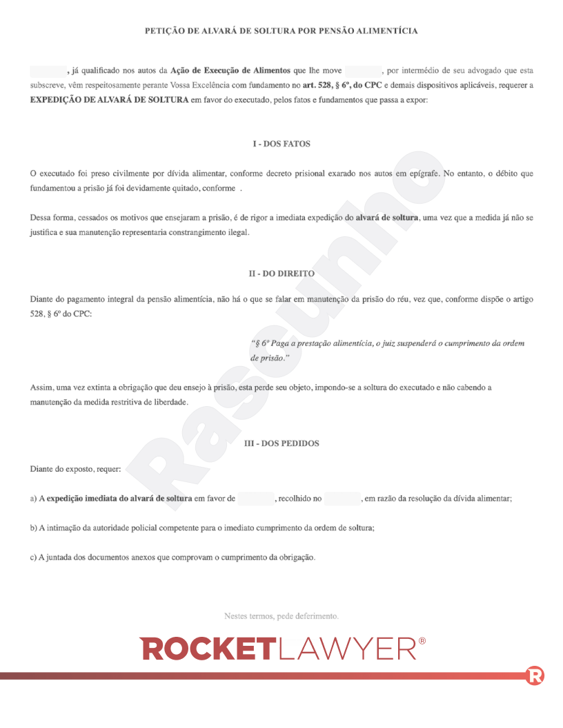 Modelo de Petição de Alvará de Soltura por Pensão Alimentícia Visualização do documento