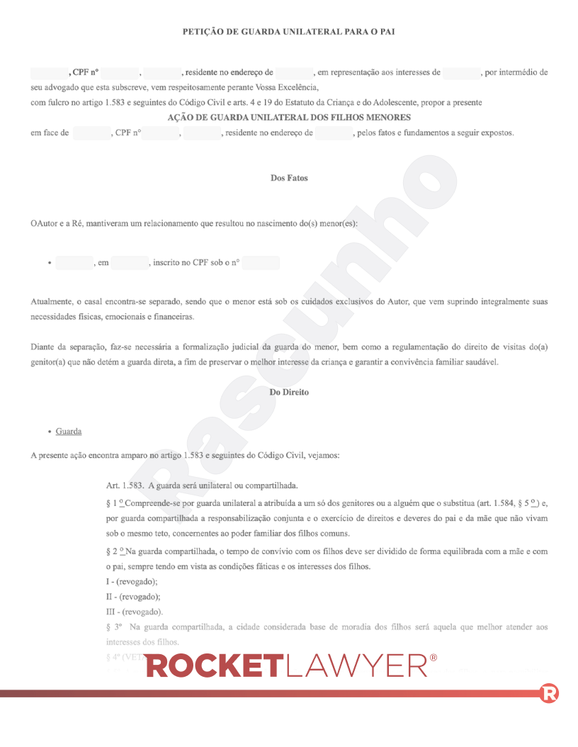 Modelo de Petição de Guarda Unilateral Paterna Visualização do documento
