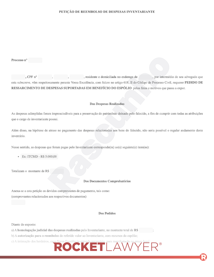 Modelo de Petição Reembolso Despesas Inventariante Visualização do documento