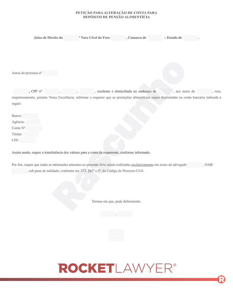Modelo de Petição para Alteração de Conta para Depósito de Pensão Alimentícia Visualização do documento