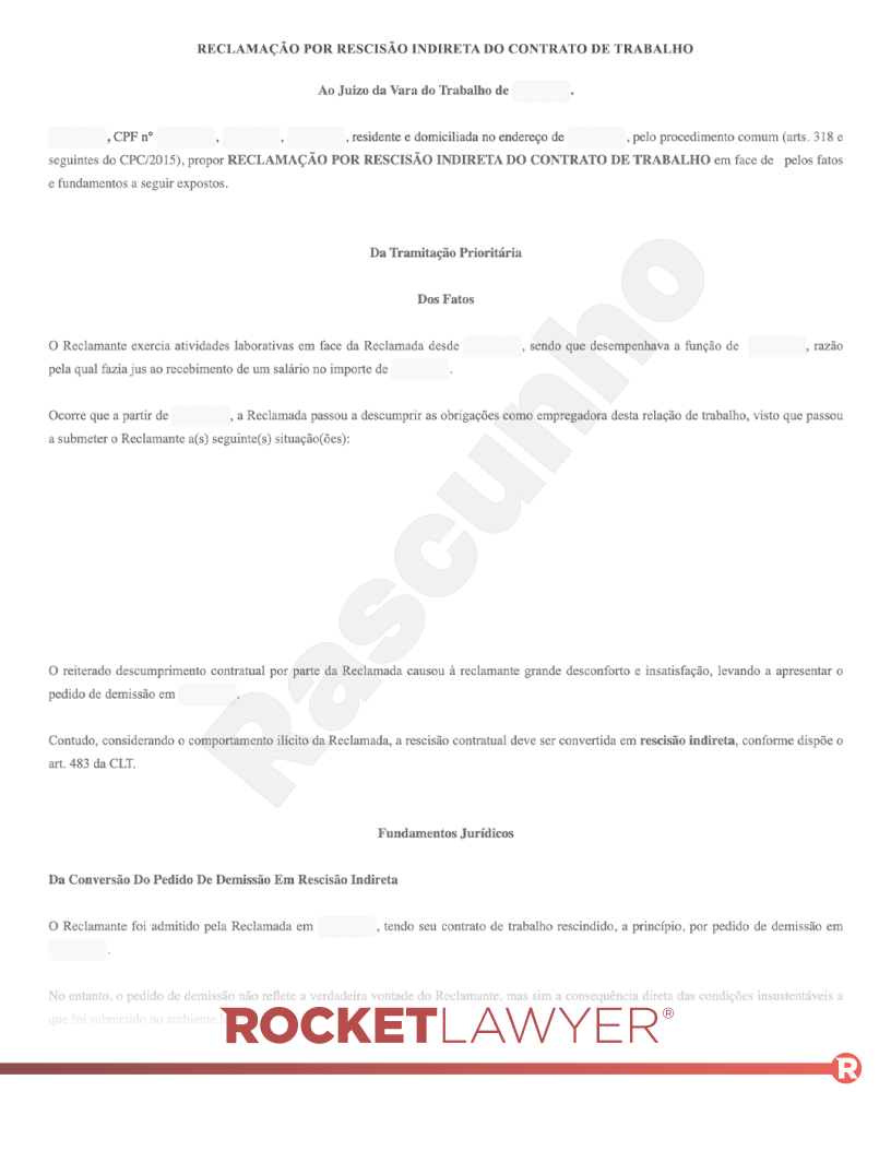 Modelo de Reclamação por Rescisão Indireta do Contrato de Trabalho Visualização do documento