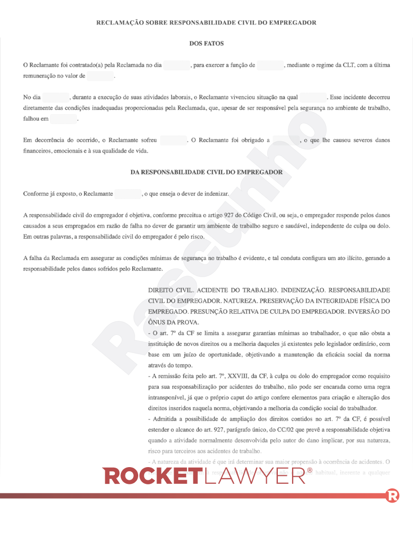 Modelo de Reclamação sobre responsabilidade civil do empregador Visualização do documento