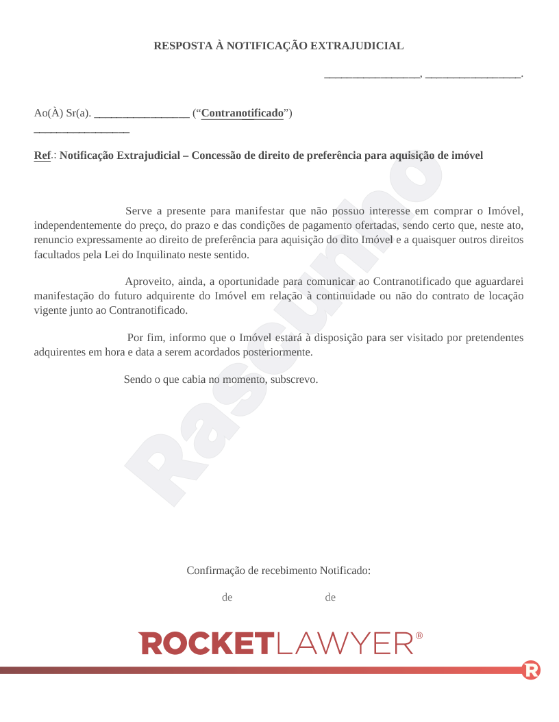 Resposta à Notificação Extrajudicial de Renúncia ao Direito de Preferência Visualização do documento