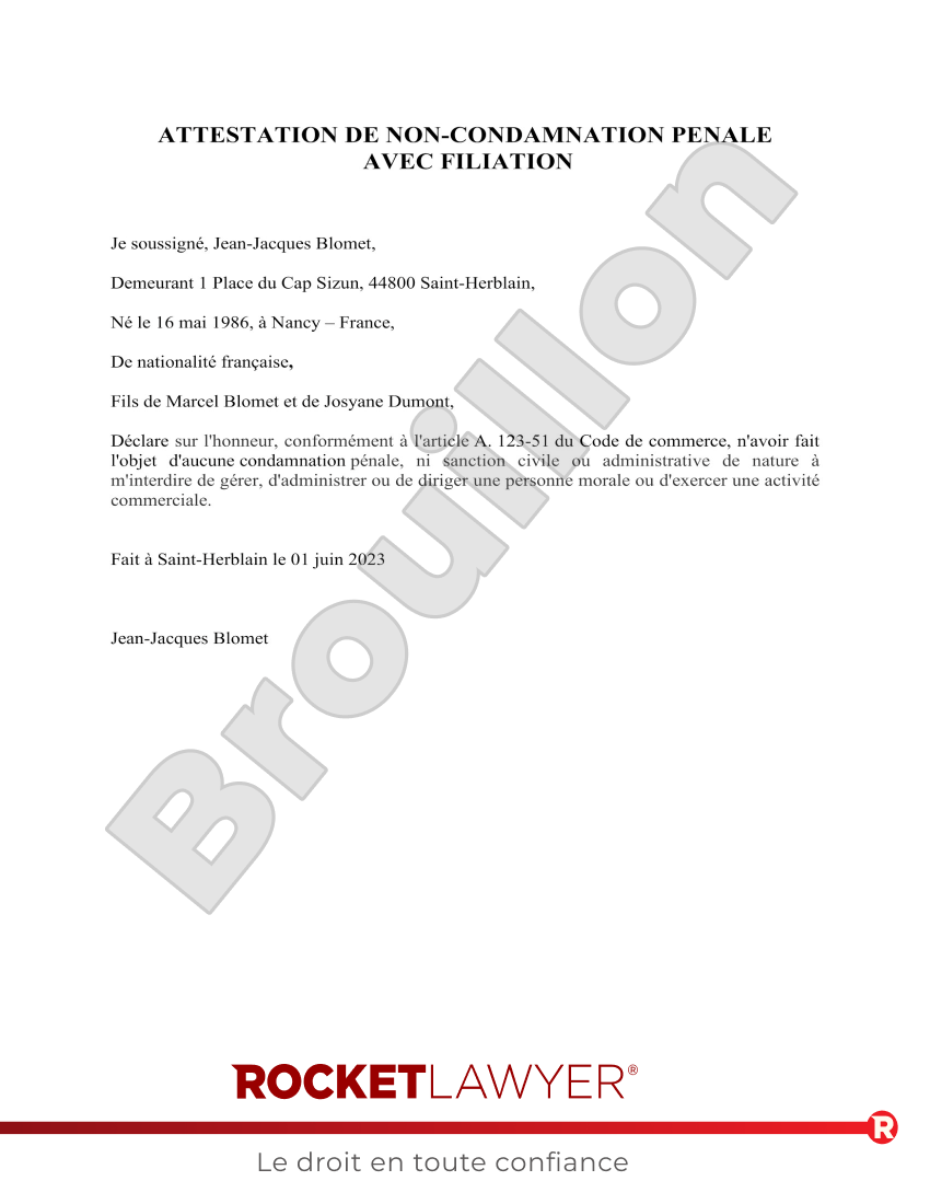 Déclaration de Non-Condamnation Pénale avec Filiation Aperçu du document