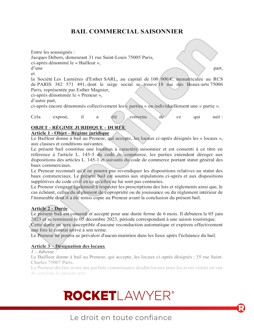 Bail Commercial Saisonnier Aperçu du document