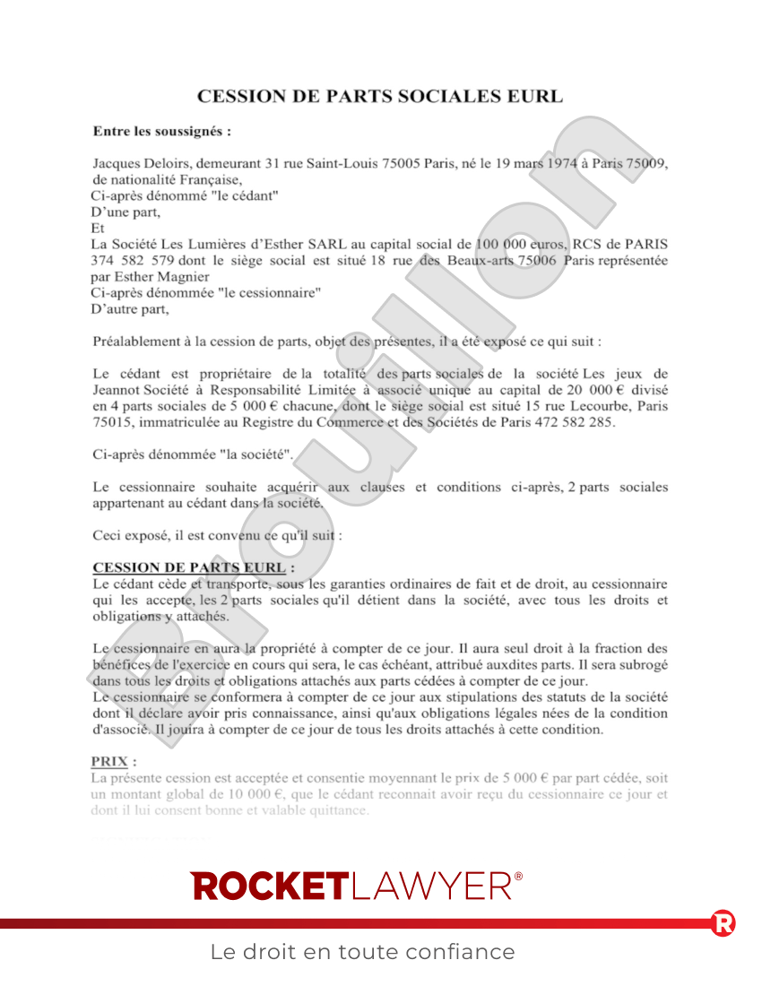Cession de Parts Sociales EURL Aperçu du document