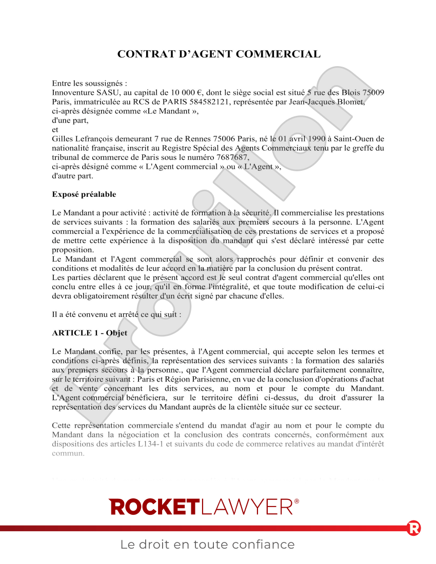 Contrat d'agent commercial Aperçu du document