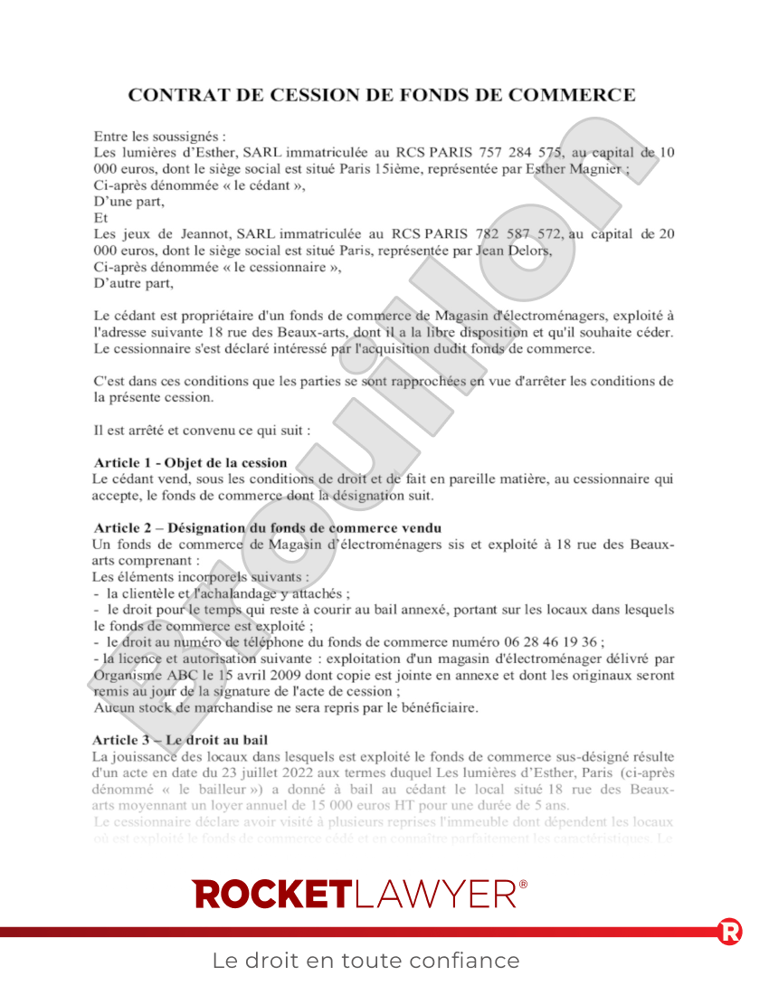 Contrat de Cession de Fonds de Commerce Aperçu du document