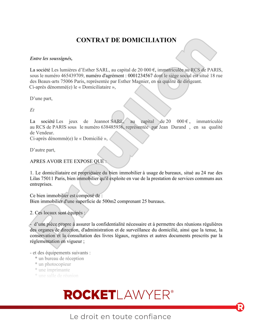 Contrat de Domiciliation Aperçu du document