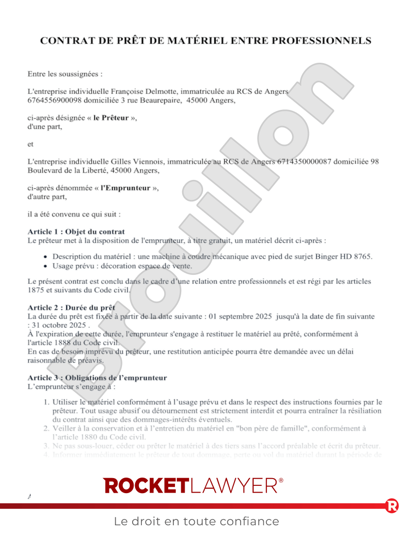 Contrat de Prêt de Matériel entre Professionnels Aperçu du document