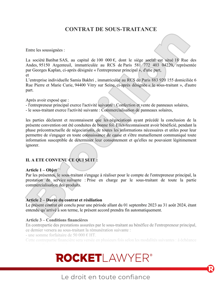 Contrat de Sous-Traitance (Hors Bâtiment) Aperçu du document