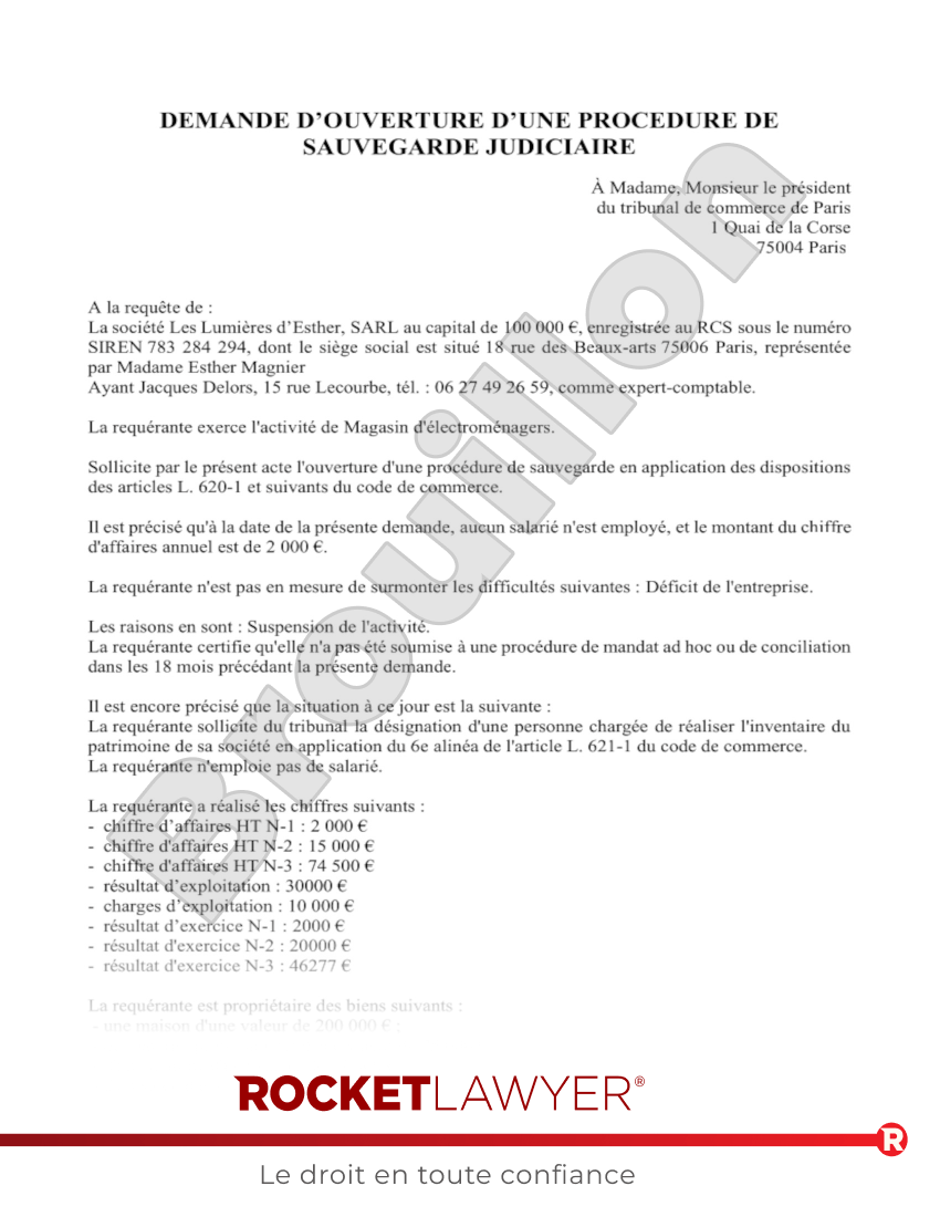 Demande d'Ouverture d'une Procédure de Sauvegarde Judiciaire Aperçu du document