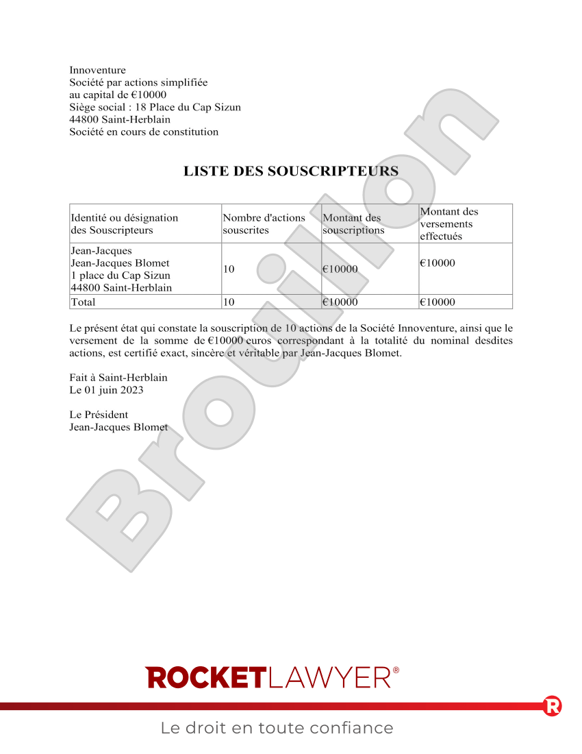 Liste des Souscripteurs SAS / SASU Aperçu du document