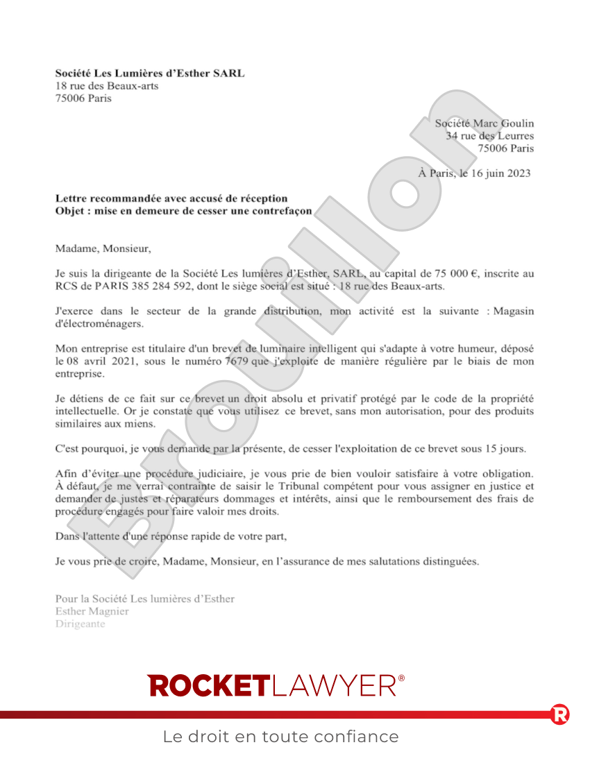 Marque ou Brevet : mise en demeure de cesser la contrefaçon ou l'utilisation Aperçu du document