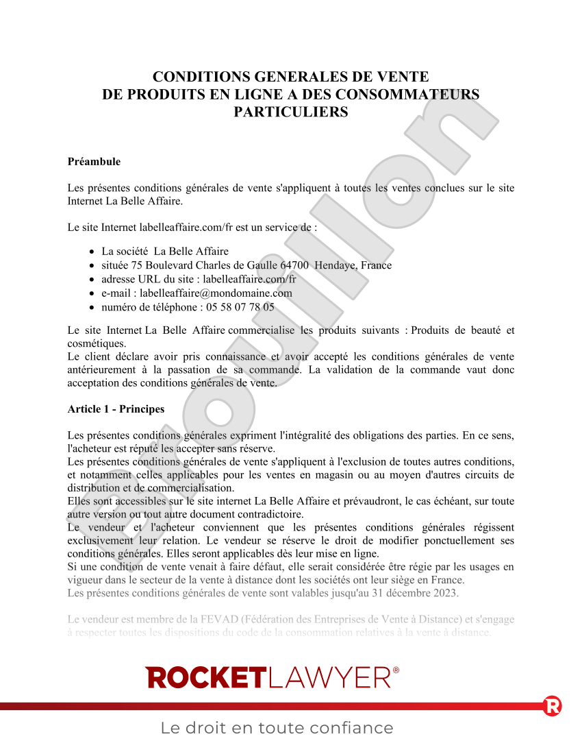 Conditions Générales de Vente en Ligne CGV Aperçu du document