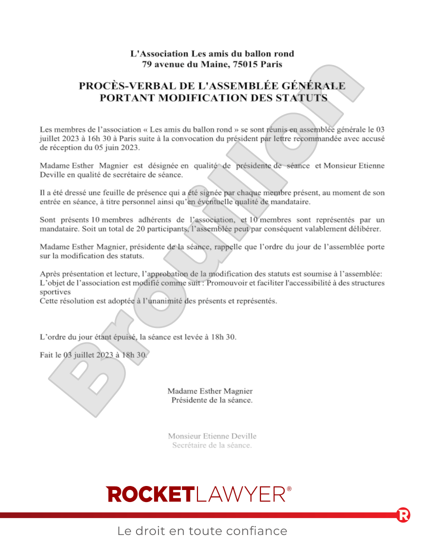 Procès-verbal de Modification des Statuts d’une Association Aperçu du document