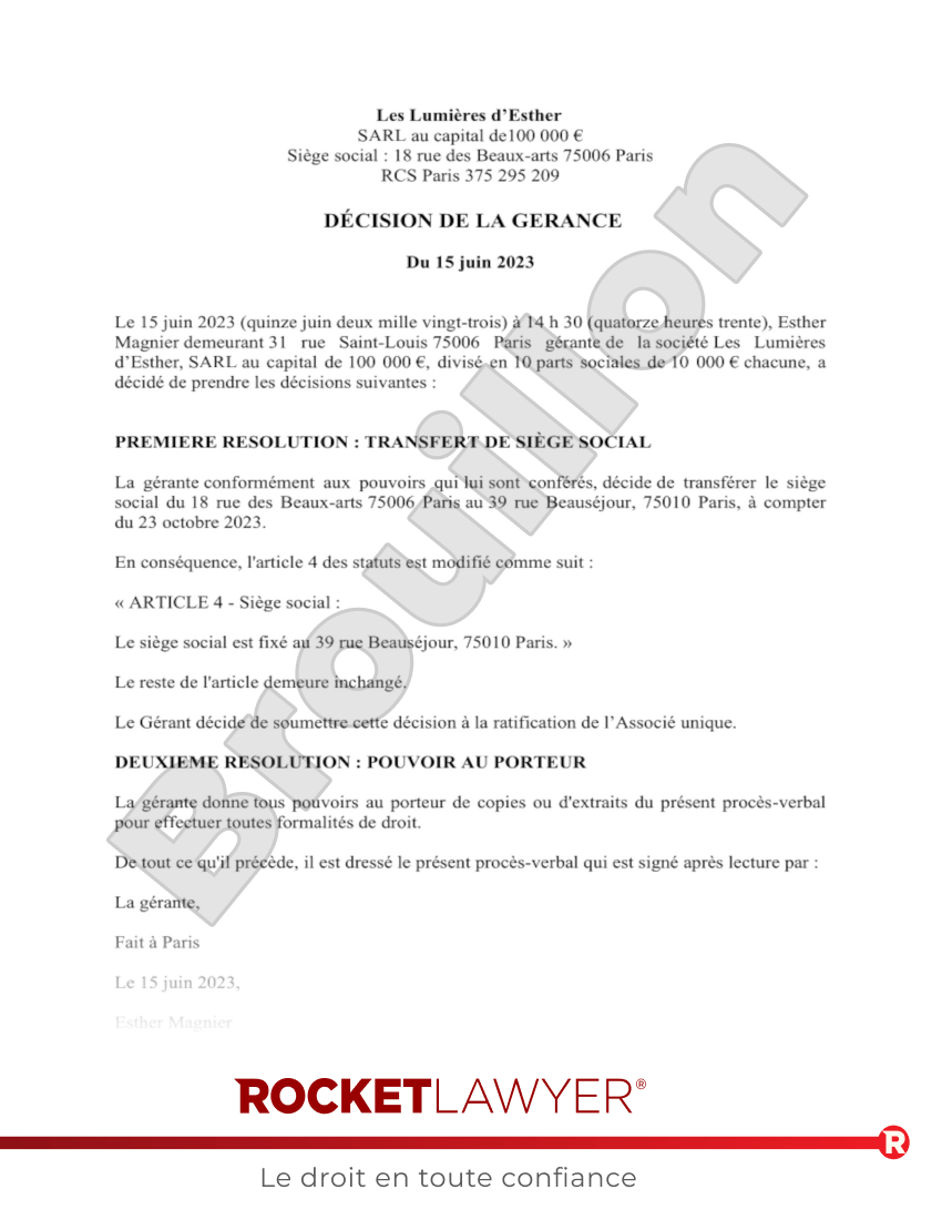 Procès-verbal de Transfert de Siège Social de SARL Aperçu du document