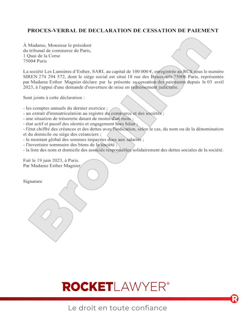 PV de Déclaration de Cessation des Paiements Aperçu du document