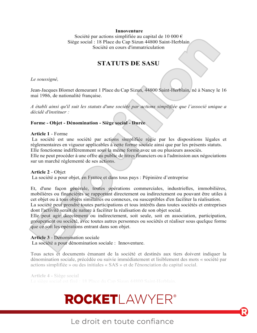 Statuts SASU Aperçu du document