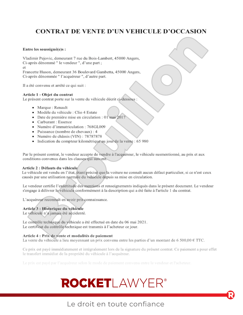 Contrat de vente d'un véhicule d'occasion Aperçu du document
