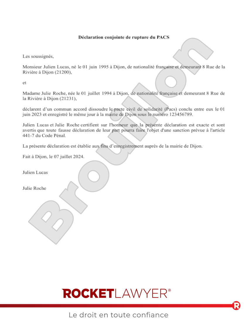 Déclaration conjointe de rupture du PACS Aperçu du document