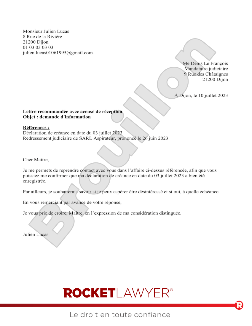 Faillite d'entreprise : demande d'information au mandataire judiciaire Aperçu du document