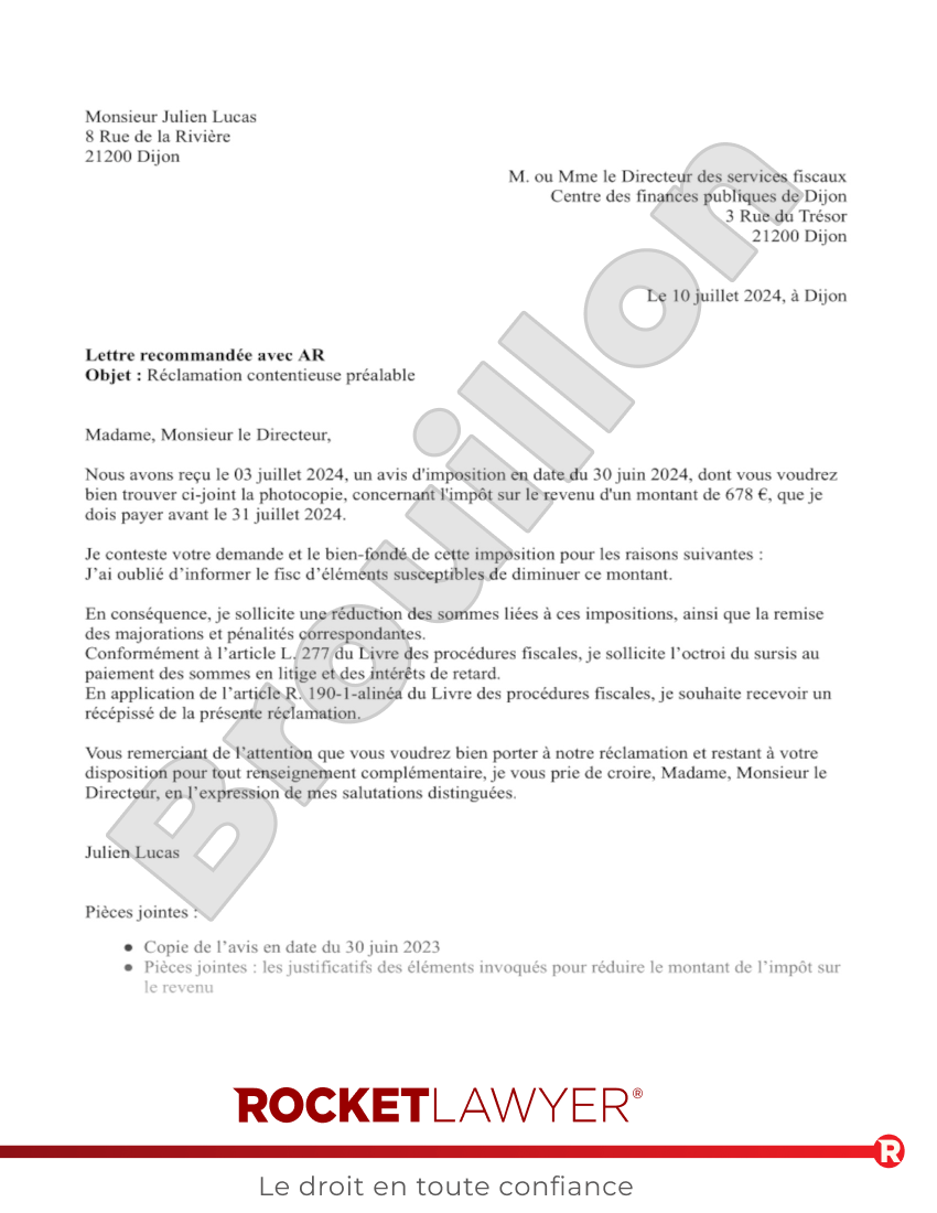 Lettre de réclamation contentieuse Aperçu du document