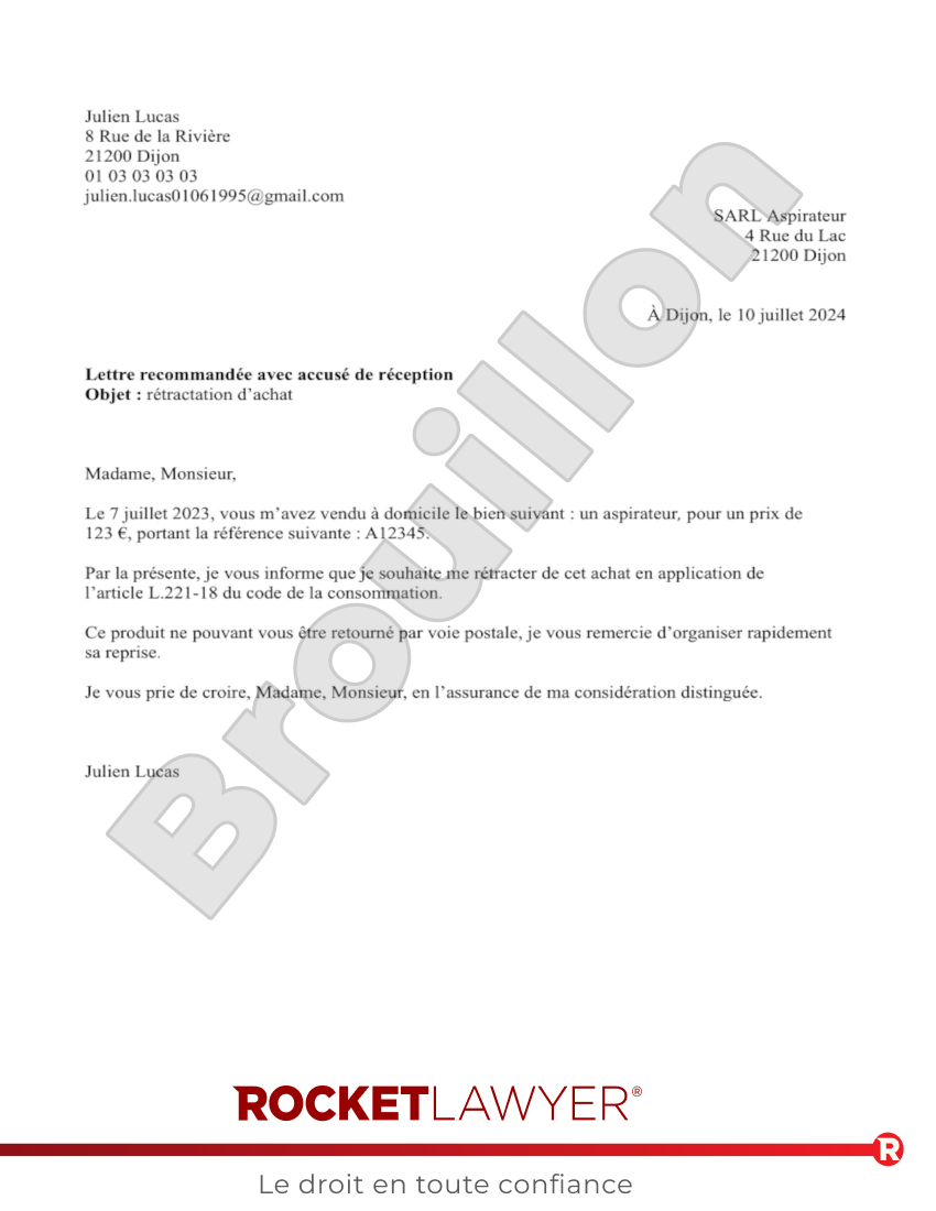 Lettre de rétractation suite à un démarchage à domicile Aperçu du document