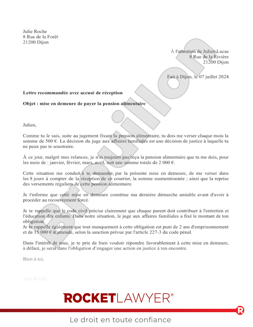 Mise en demeure de payer une pension alimentaire Aperçu du document