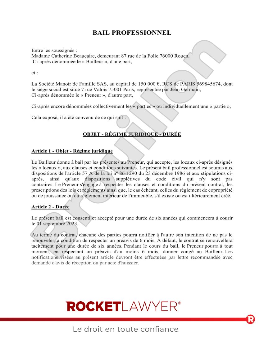 Bail professionnel Aperçu du document